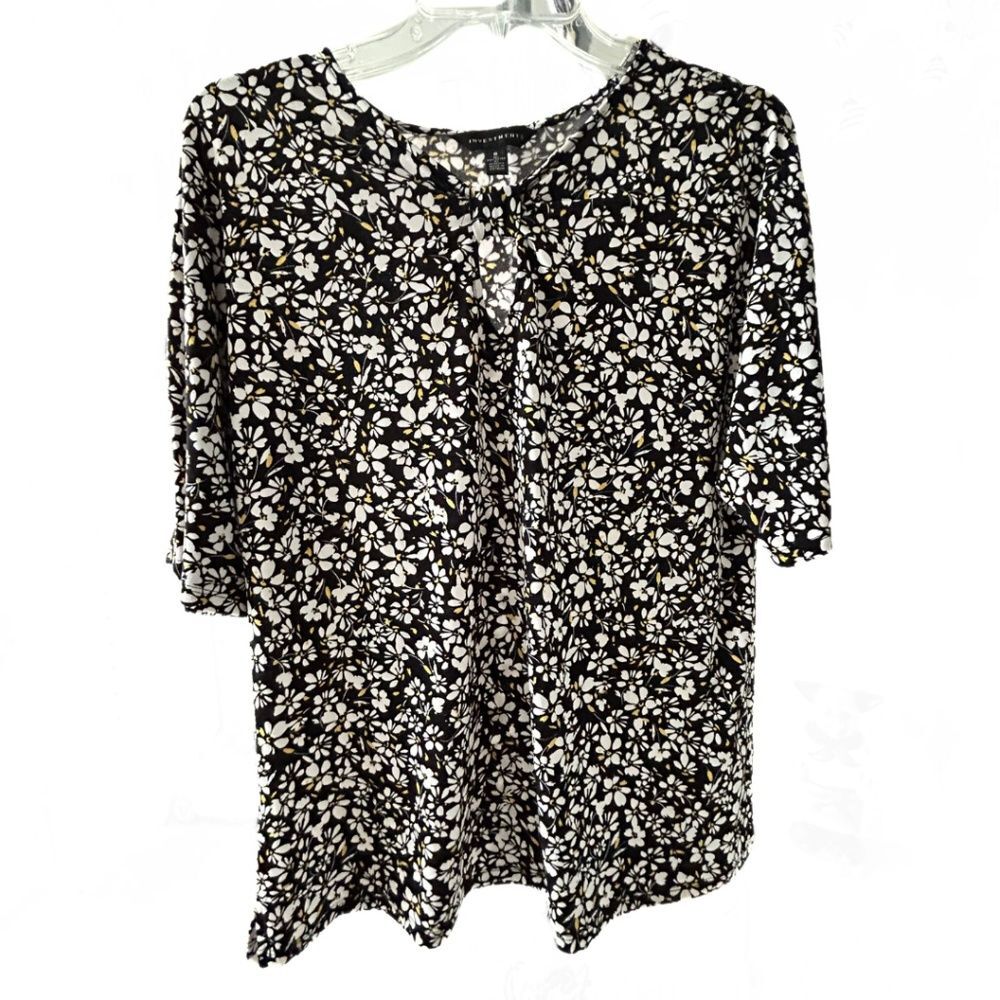Investments Short Sleeve Flower Print Blouse Black Round Neck Top Women’s Sz S